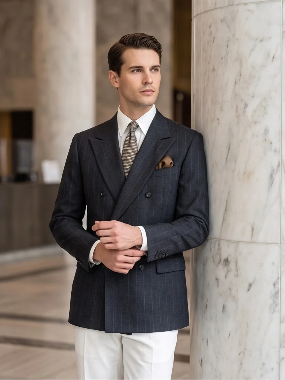 Men's Double-Breasted Navy Pinstripe Blazer